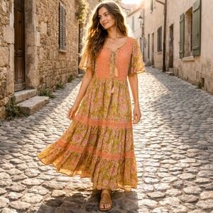 Boho Paisley Maxi Dress XS Cottagecore Tiered Block Print Romantic Sundress